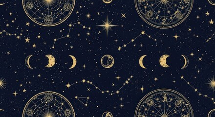 Naklejka premium Celestial Astrology Golden Elements on Dark Blue Seamless Pattern