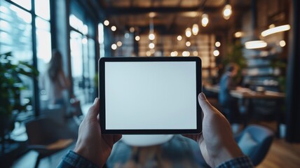 Hands Holding Tablet with Blank Screen in Modern Office blank screen mockup digital device business