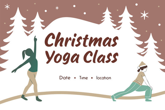 Festive christmas yoga class announcement with winter scenery and people practicing yoga poses