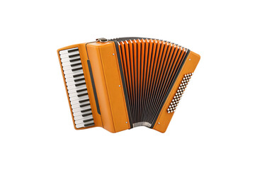 Bright orange accordion instrument with piano keyboard and bellows for traditional folk music, isolated on a transparent background
