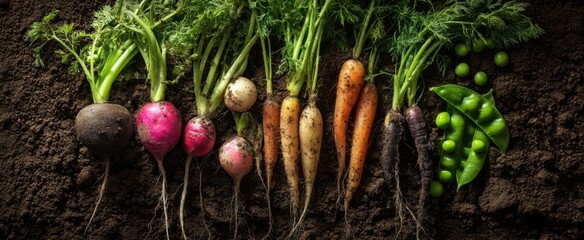 The vibrant assortment of fresh root vegetables displayed on rich soil.