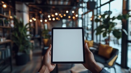 Hands Holding Tablet with Blank Screen in Modern Cafe hands holding tablet screen modern cafe device