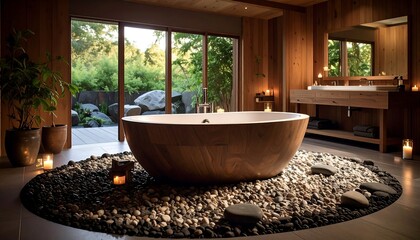 Luxurious wooden soaking tub in a serene bathroom with garden views