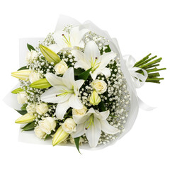 Elegant bouquet of white lilies, roses, and gypsophila flowers isolated PNG with Transparent Background