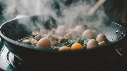 Steaming wok with noodles, pork, and eggs