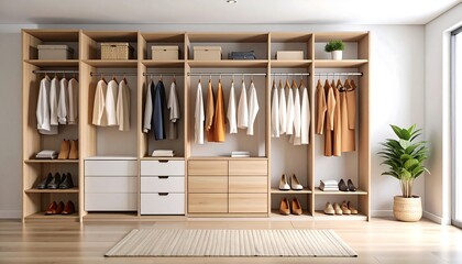 Modern walk-in closet with wood tones