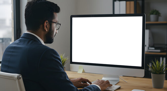 Over shoulder closeup view of male indian businessman looking at empty blank mockup screen for advertising, working, typing, planning, analyzing data. Business technologies concept.