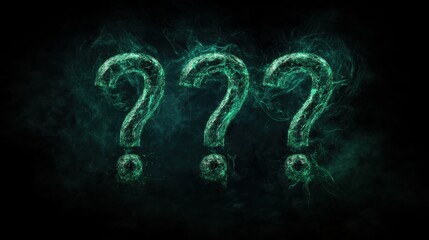 Mysterious glowing question marks against a dark background evoke curiosity