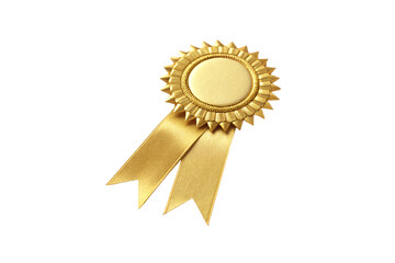 Classic gold award rosette with circular medallion and flowing ribbon tails for winners, isolated on a transparent background