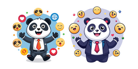 Adorable Corporate Panda Surrounded by Happy Emojis – Cute Business Animal Vector Illustration for Office Humor, Branding, Marketing Materials, and Social Media Content