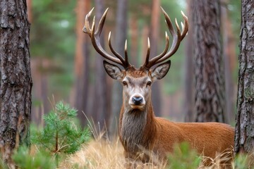 Fototapeta premium Majestic red deer stag standing in forest habitat