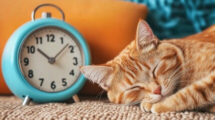 Cat sleeping peacefully next to a bright blue clock in a cozy setting