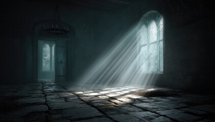 Sunlight streams into a dark, ancient hall