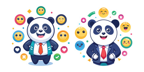 Fototapeta premium Adorable Corporate Panda Surrounded by Happy Emojis – Cute Business Animal Vector Illustration for Office Humor, Branding, Marketing Materials, and Social Media Content