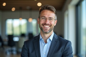 Obraz premium A professional headshot of a smiling businessman in a modern office, ideal for corporate ads