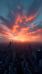 Fototapeta premium Surreal Sunset Skyline Over Futuristic Cityscape