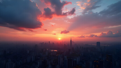 Surreal Sunset Skyline Over Futuristic Cityscape