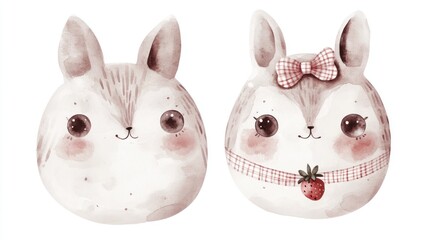 Cute cartoon rabbits, rosy cheeks, watercolor style