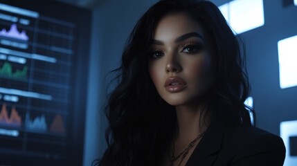 Woman in dark jacket, data display background