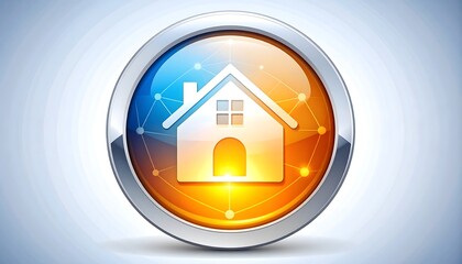 House icon with connecting points in a circle with blue and orange background
