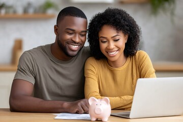 Happy couple planning budget using laptop and piggy bank at home