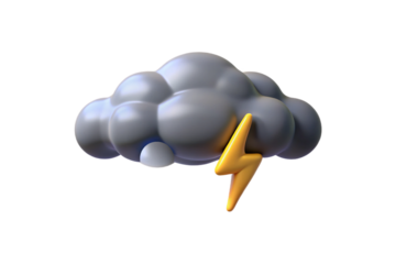 Dark storm cloud with bright yellow lightning bolt emerging from bottom, rendered in 3D style, isolated on a transparent background