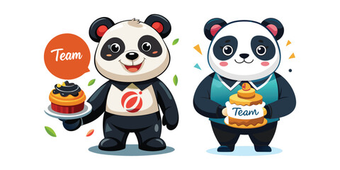 Adorable Corporate Panda Celebrating Team Success with Cake – Fun Vector Illustration Perfect for Office, Workplace, Business Events, Teamwork Posters, and Company Celebrations