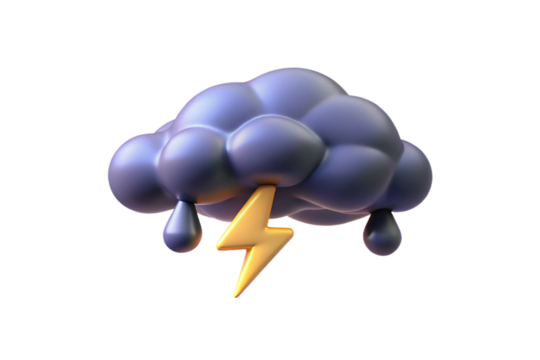 Purple-gray storm cloud with yellow lightning bolt and rain droplets falling, 3D rendered weather icon, isolated on a transparent background
