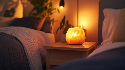 Warm bedside lamp illuminates a cozy room