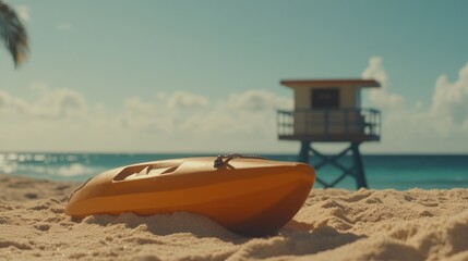 Orange lifeguard board on sandy beach, lifeguard tower in background