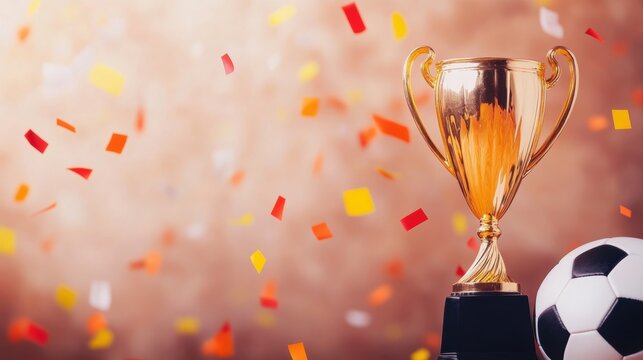 Celebrating victory with a golden trophy and confetti at a soccer event
