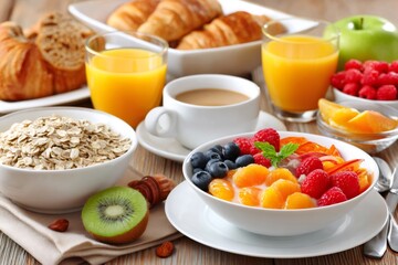 Delicious breakfast with oatmeal, fresh fruit, coffee, croissant, and orange juice