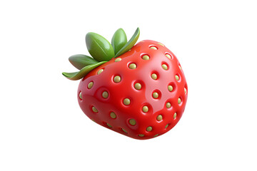 Fresh red strawberry with vibrant green leaves and yellow seeds, detailed 3D fruit illustration, isolated on a transparent background
