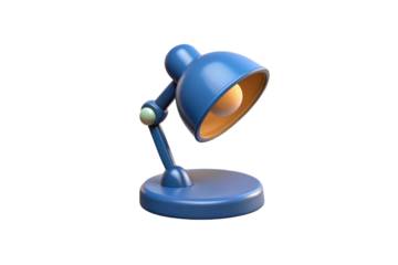 Blue adjustable desk lamp with yellow interior and circular base, isolated on a transparent background