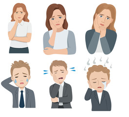 Set of six male and female sad mood facial expressions showing different emotions and feelings in cartoon vector style