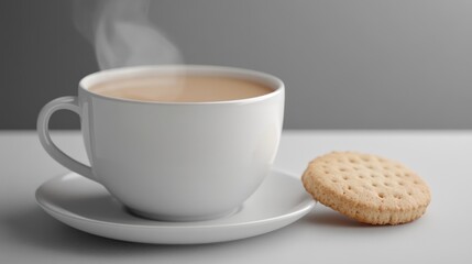 White mug of steaming tea beside a biscuit