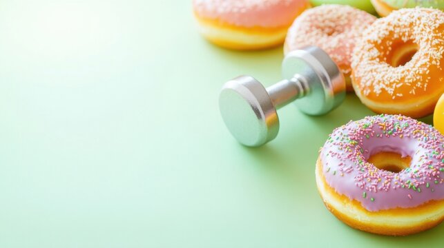 Dumbbell next to colorful donuts on a pastel green surface