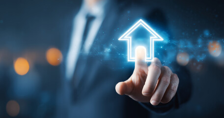 Businessman interacting with a glowing upward arrow symbol on a virtual interface