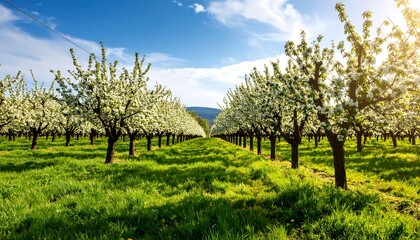 Fototapeta premium Blooming orchard under a bright sky