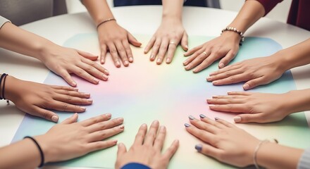 A group of people with hands on a colorful surface forming a circle on a white round table top view