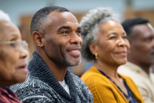 Group of people attentively listening to a presentation smiling and hopeful