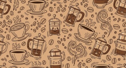 Doodle Coffee Cups Beans and French Press Brown Seamless Pattern