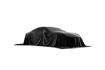 Low-profile sports car covered with form-fitting black protective cloth revealing aerodynamic contours and shape, isolated on a transparent background