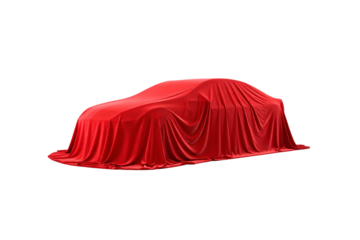 Red silk car cover draped over luxury vehicle with elegant flowing fabric folds, isolated on a transparent background