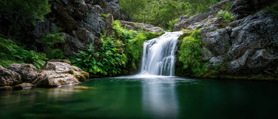 Clear waterfall cascading into rocky basin surrounded by lush green foliage and trees, creating peaceful and refreshing natural scene with smooth water flow