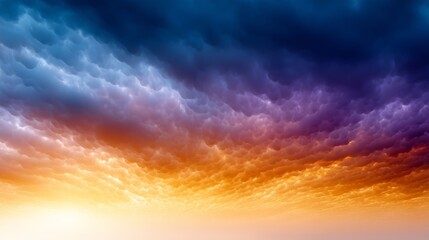 Naklejka premium Panoramic evening sky with blue, white and orange clouds at sunset