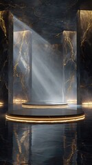 Illuminated luxury stage with marble backdrop for product showcase or presentation
