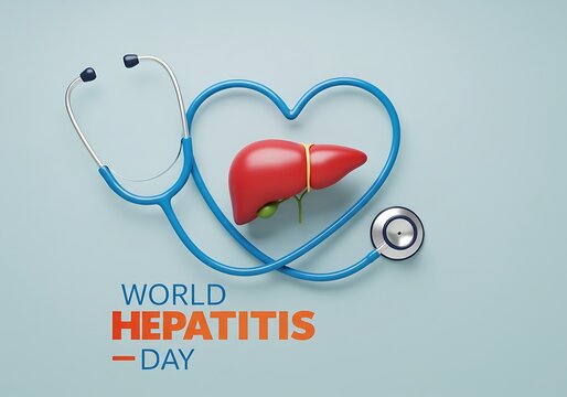 World hepatitis day awareness campaign featuring a stylized heart formed by a stethoscope encasing a realistic liver illustration