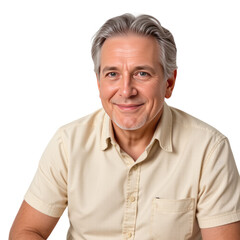Gentle elderly man, smiling, wearing a cream-colored shirt, in a relaxed pose,  on transparent background