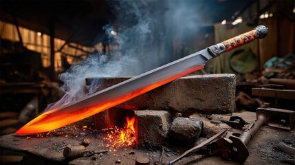 A machete forged from glowing red-hot metal, still emitting wisps of smoke and faint sparks